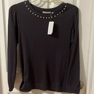 NWT Notations Charcoal grey light weight ribbed sweater pearl details. Size PXL.